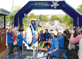 Team Tokai of Japan celebrates victory in the 2012 Sasol Solar Challenge.